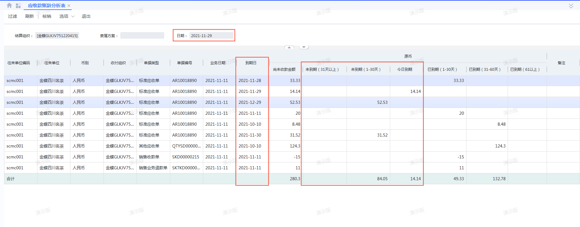 金蝶云星空账龄分析表数据展现