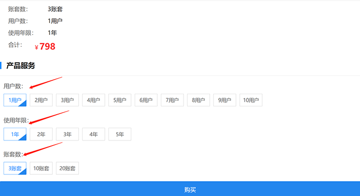 确认购买用户数年限和账套数