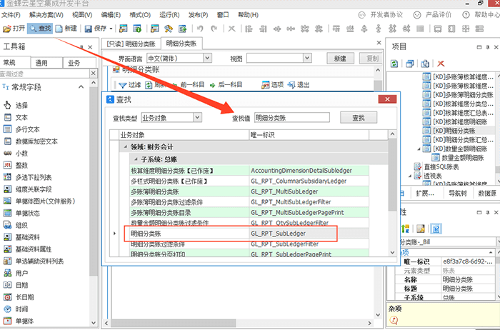 查找明细分类账页面